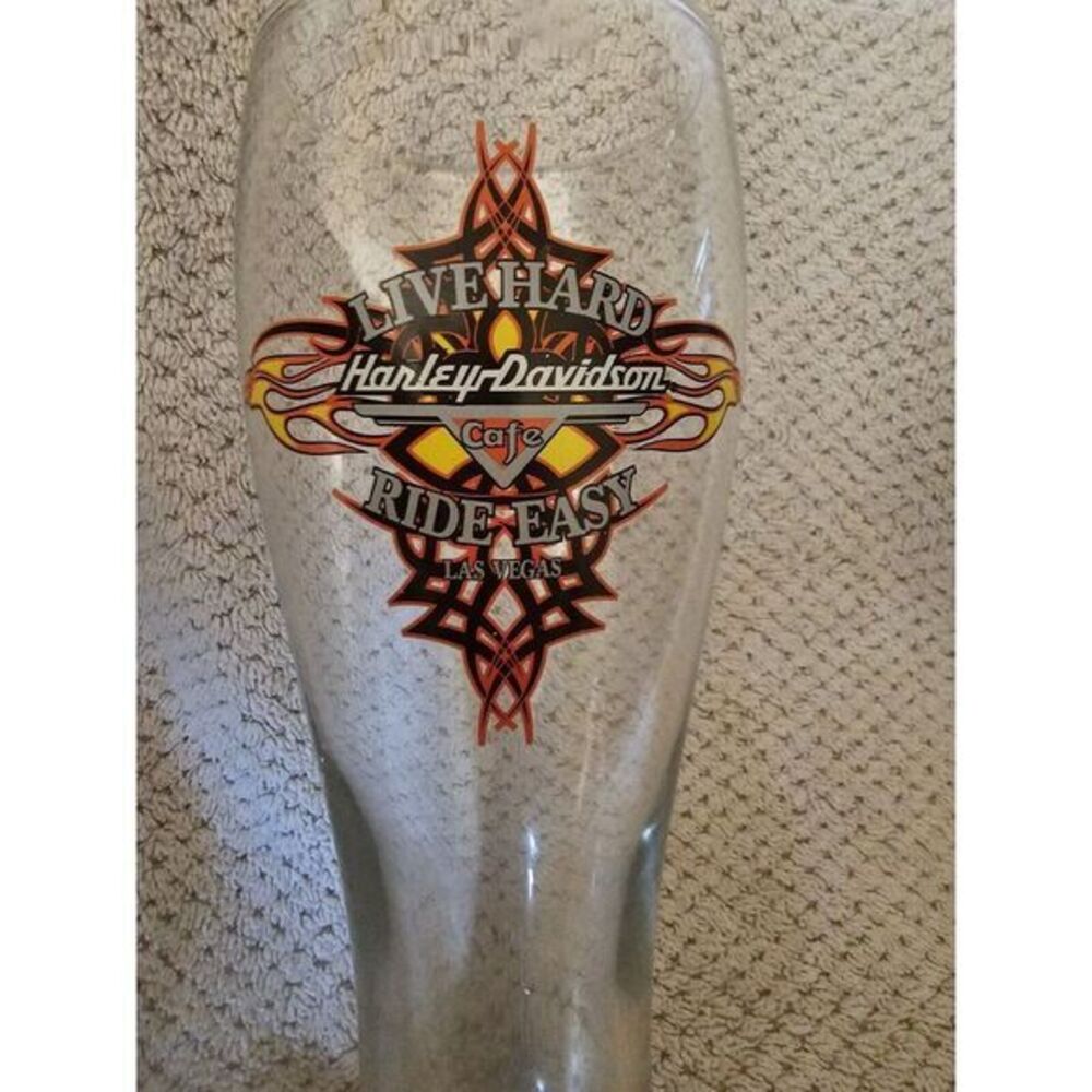 9" 22 oz Glass HARLEY‎ DAVIDSON Motorcycle Cafe Las Vegas Live Hard Ride Easy